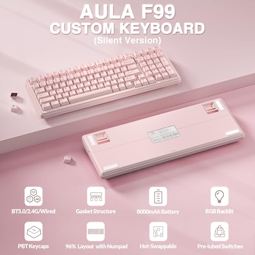 Image of AULA F99 Wireless Mechanical Keyboard-Silent Version,Tri-Mode(BT5.0 /2.4GHz /USB-C),Gasket Structure,Hot Swappable Mechanical Keyboard with Pre-lubed Linear Switches,RGB Backlit PC Gaming Keyboards,Pink