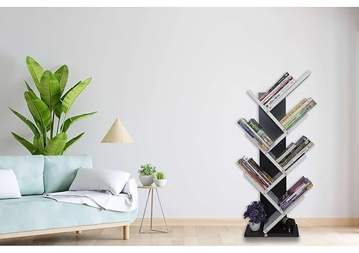 SBF Furniture Engineered Wooden Book Rack,Space Saver Book Shelf for Home Living Room and Office Table Top Free Standing Organizer,Laminated Finish Modern Book Shelve (7Tier_Black & White)