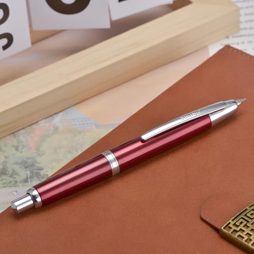 Image of Jinhao 10 Press Fountain Pen with Box, Rose Red Retractable Extra Fine Nib with Ink Converter Set (Silver Clip)