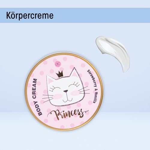 Accentra Geschenkset PRINCESS KITTY, 7-teiliges Geschenkset für Mädchen mit Duschgel, Bodylotion, Körperpeeling, Körpercreme, Badebomben und Netzschwamm im rosa Körbchen, Erdbeere & Vanille Duft