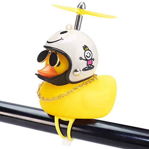 wonuu Rubber Duck Toy Car Ornaments Yellow Duck Car Dashboard Decorations Squeeze Duck Bicycle Horns with Propeller Helmet (White Smile-Light)