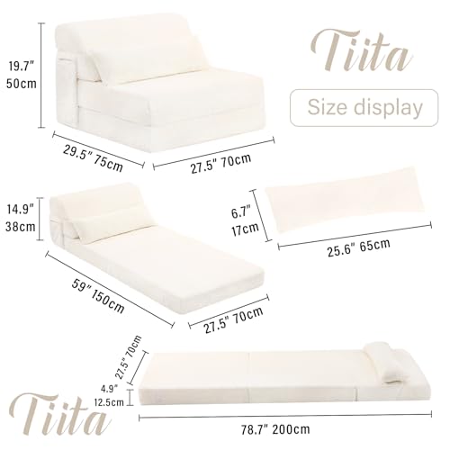 Tiita Folding Sofa Bed with Pillow Single Size Mattress Sleeper Chair Plush Fabric with Side Pocket, Floor Lounger Chair Bed for Living Room,Guest Room,Dorm,Apartment,Upstairs Loft,Home Office,Beige