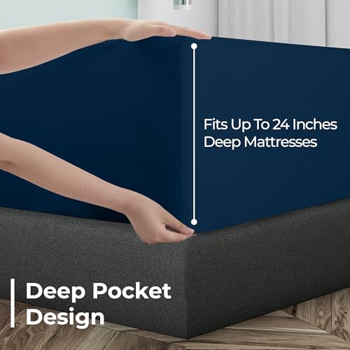 Image of Royale Linens Extra Deep Pocket Twin Fitted Sheet Only - Twin Size Deep Pocket Navy Fitted Sheet - Fits 18 inch to 24 inch Thick Mattress - Soft & Breathable Elastic Sheets (39x75 Inches, Navy)
