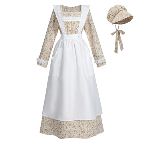 LTAKK Kolonialkleid für Damen, Pionierkostüm, Pilgerkleid, Präriekleider mit Schürze, Strohgelb, Größe M
