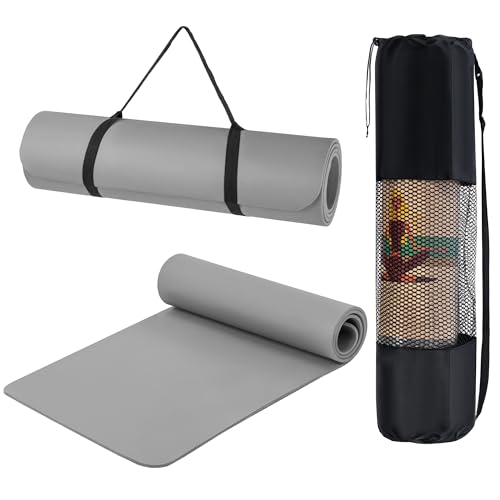 T-LOVENDO.ES Esterilla de Yoga Antideslizante con Funda y Correa | Colchoneta de EVA Alta Densidad para Pilates Fitness Estiramientos y Meditación | 183x61cm Gruesa, Ligera, Reforzada | Gris