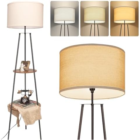 lianheng Tripod Floor Lamps for Living Room, Mid Century Floor Lamp with Shelf, 62" Standing Lamp Modern Floor Lamp with Beige Linen Texture Shade for Living Room, Bedroom, Office Cover