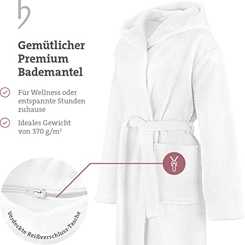 herzbach home Bademantel Damen Kapuze Baumwolle Frottee lang – flauschig weicher & gemütlicher Wellness Mantel (Weiß, S)