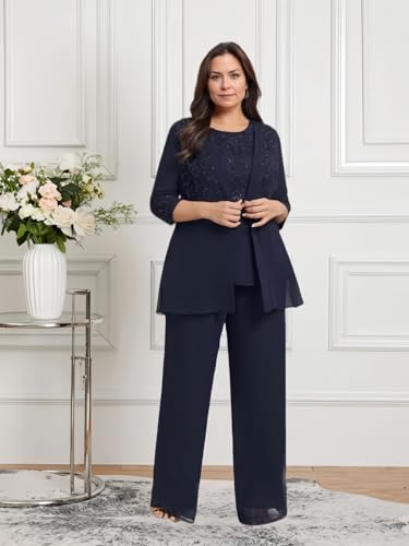 3 Pieces Mother of The Bride Pant Suits for Women Dressy Lace Applique Mother of The Groom Dress with Jacket3