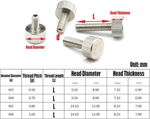 Vis moletées de réglage fixation M3 M4 pour composant manuel