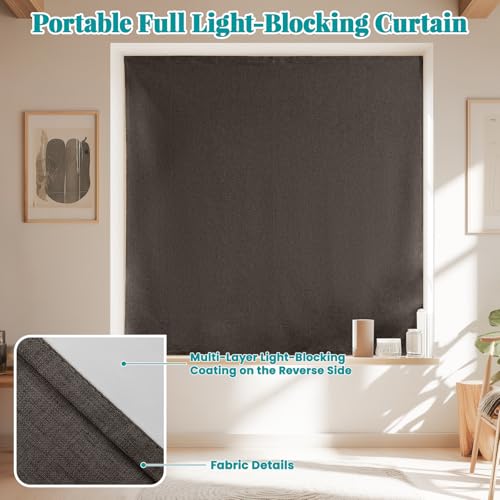 Image of 100% Blackout Self Adhesive Curtains, Black Out Shade for Window, Fabric Temporary Window Coverings Easy to Hang Curtains No Rod Needed, Use for Room, Kitchen, W52 x L60 inch, 1 Panel, Dark Brown