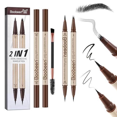 Boobeen Lápiz delineador líquido negro, set de lápices de cejas resistentes al agua, cepillo para cejas, set de maquillaje trío, set de maquillaje de ojos de larga duración
