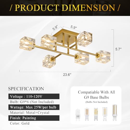 Image of 24 inch Gold 6-Light Luxury Semi Flush Mount Ceiling Light Modern K9 Crystal Kitchen Island Sputnik Chandelier for Dining Room Entryway Bedroom Living Room