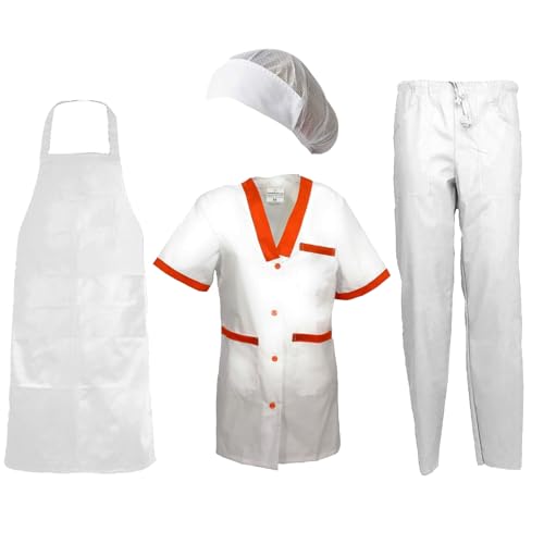 Damen-Uniform mit Kittelschürze, Hose und Mütze für die Arbeit in Molkereien, Labors und Supermärkten, personalisierbar mit Logo und Name