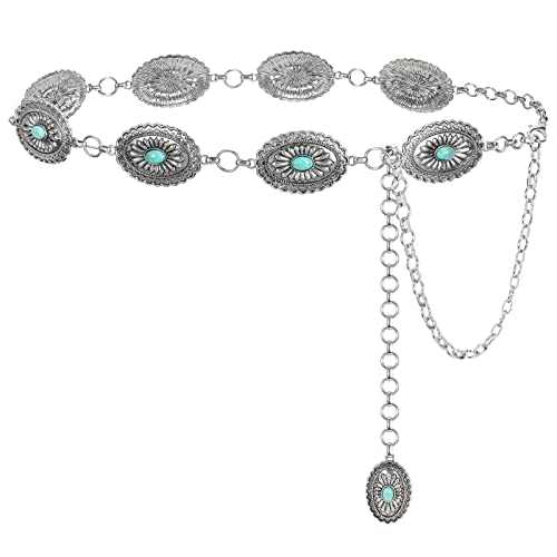 Image of LEACOOLKEY Women Turquoise Concho Chain Waist Belt Silver Western Cowgirl Metal Chain Belt for Dress Adjustable