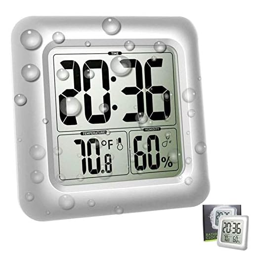 Large Waterproof Bathroom Wall Clock, Big Water Resistant Hanging Shower Clocks, Water Proof Clock for Bath Countertop, Moisture Proof Humidity Meter, [4 Strong Suction Cup] [Shatterproof Glass LCD]