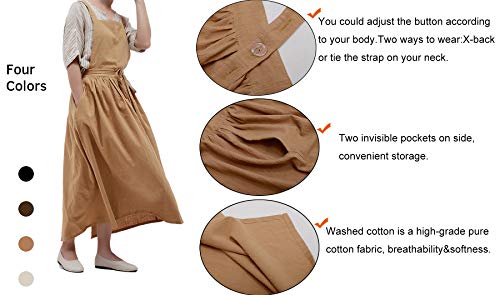 Pleated Cotton Long Apron X Back Kitchen Garden Florist Work Clothes Bib Dress (Beige, 38.5X34.6In) #TOP7