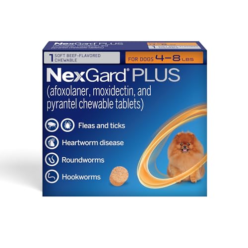 NexGard Plus (afoxolaner moxidectin and pyrantel) Flea and Tick Protection & Heartworm Preventive for Dogs Soft Beef Flavored Chewables 4-8 lbs. (Orange) 1 Chew (1 Month Supply)