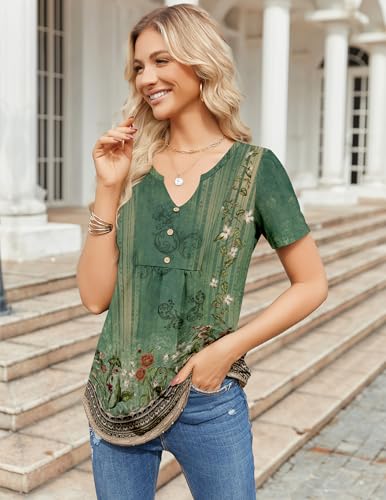 Zeagoo Womens Short Sleeve Tops Summer Henley V-Neck Tshirts Casual Pleated Blouse Dressy Loose Floral Basic Tee4