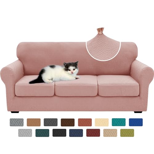 XINEAGE New 4 Pieces Couch Covers for 3 Cushion Couch Super Stretch Thick Soft Sofa Cover Anti Slip Sofa Slipcover Dogs Cats Furniture Protector (Dusty Pink, 71"-91")