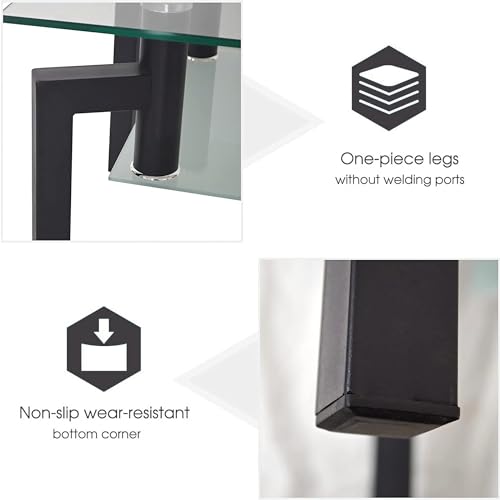 Timoau Rectangle Tempered Glass Coffee Table, Metal Leg Glass Coffee Tables for Living Room, Clear Glass Coffee Table, Modern Accent Rectangle Table with Lower Shelf, Black Style 2