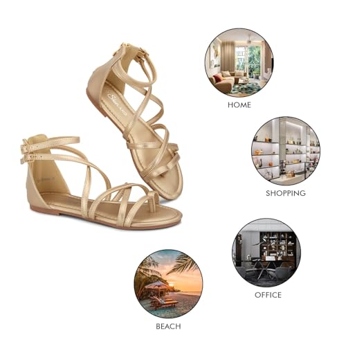 Image of Shoe Land Gladiator Sandals for Women - Strappy Flat Sandals with Ankle Strap & Back Zipper | Fisherman Thong Strappy Style for Walking, & Daily Wear | Trendy 2025 Summer