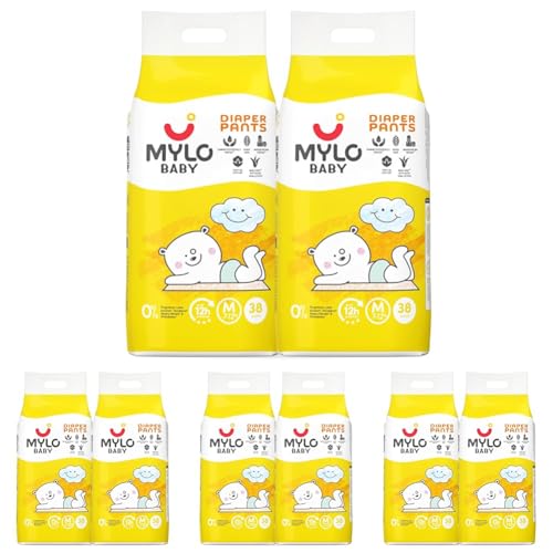 Image of Mylo Baby Diaper Pants Medium (M) Size 7-12 kgs (76 count) Leak Proof | Lightweight | Rash Free | Upto 12 Hours Protection | ADL Technology | with Aloe Vera Lotion (38 Count, Pack of 8)
