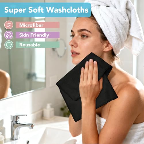 Image of Orighty Washcloths, 5 Pack Microfiber Face Towels, Highly Absorbent and Soft Feel Wash Cloths & Hand Towels for Bathroom, Hotel, Spa, and Gym, 11.5x11.5 Inch, Black
