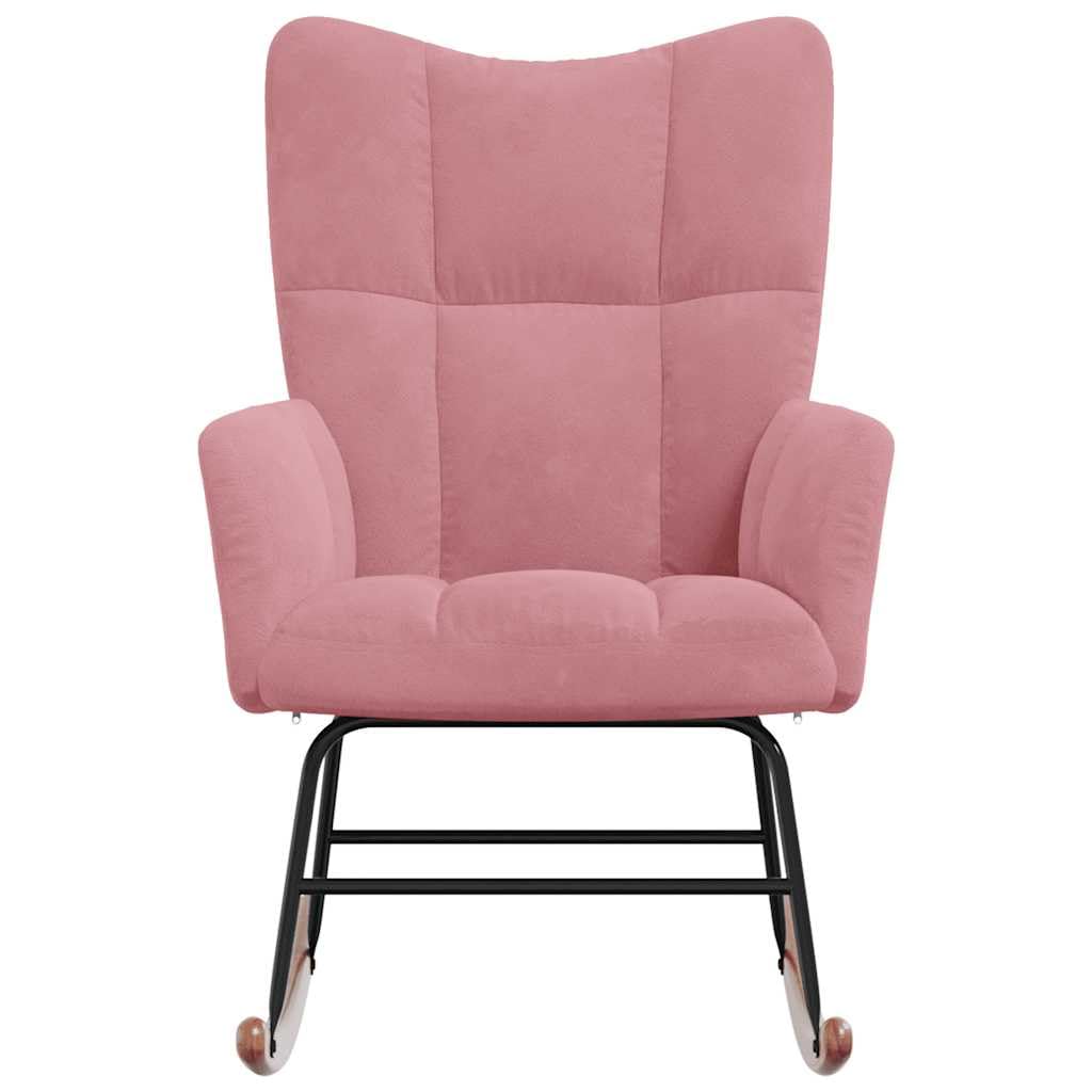 Schaukelstuhl mit Polsterung Rosa, Samtbezug mit Quadraten-Design, Relaxstuhl mit Dicker Schaumstoffpolsterung, Stahlgestell und Holzkufen, maximale Belastung 110 kg