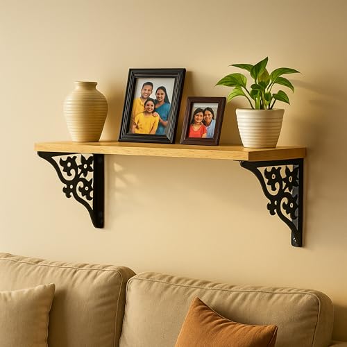Image of Wall Shelf with Wooden Top Black|White Iron Brackets Storage Rack|Industrial Wall-Mounted Floating Shelf for Living Room,Kitchen,Bathroom (Black Triple Floral Large)