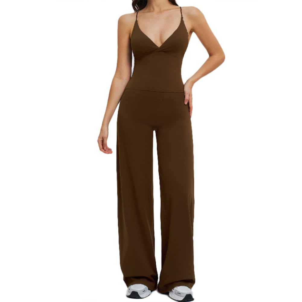 XYFfybhsd Women Wide-Leg Pants Beautiful Yoga Set Casual Running Cycling Fitness Two-Piece Activewear(Size:L,Color:Brown)