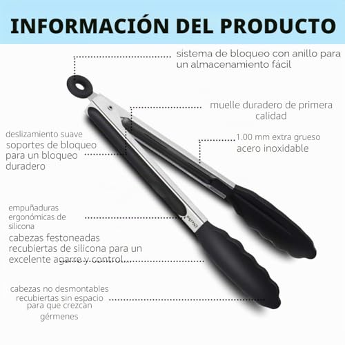 Miniatura 4 de Ineibo Pinzas De Cocina En Acero Inox Y Silicona De Grado Alimenticio Resistente Al Calor Limpia Fácil Ahorra Espacio Buen Agarre Tamaño 23cm Para Barbacoa Y Cocina