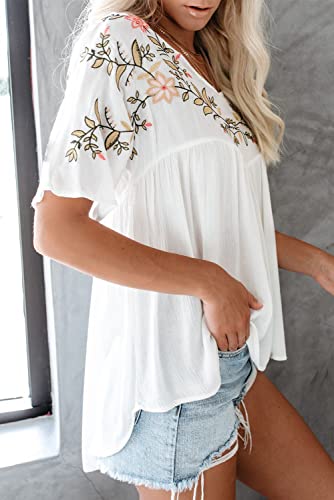 Melliflo Women's Floral Embroidered Tops V Neck Boho High-Low Hem Mexican Blouses Babydoll Peasant Shirts(M,White) #TOP4