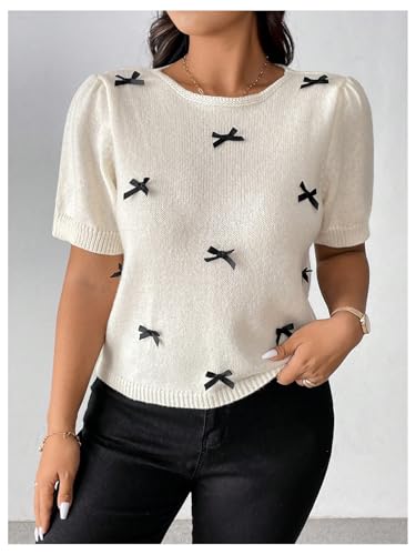 SweatyRocks Women's Plus Size Puff Short Sleeve Bow Decor Lightweight Sweaters Summer Knit Top4