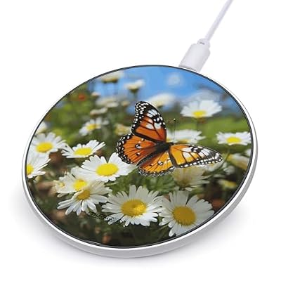 Butterfly on Daisy Flower Wireless Charger Fast Wireless Charging Pad with USB Cable 10W Anti-Slip Magnetic Wireless Charger Portable Slim Charger Puck Travel Charging Station