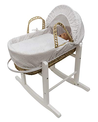 ELEGANT BABY White Brodrie Anglaise Dolls Moses Basket with Rocking Stand Includes Adjustable Hood & Padded Liner