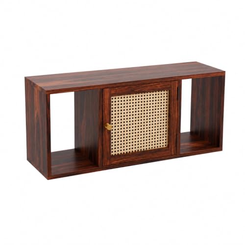 Image of Solid Sheesham Wooden Wall Shelves with Rattan Cane, Sheesham Wall Mount Shelf, Honey Dark