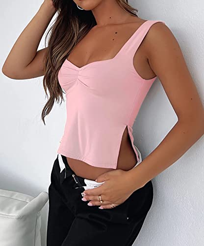 Tiulzial Women's Sleeveless Backless Crop Tank Top Sexy Pleated Bustier Sweetheart Neck Strappy Y2K Slits Cropped Tops Pink Crop Top,S #TOP4