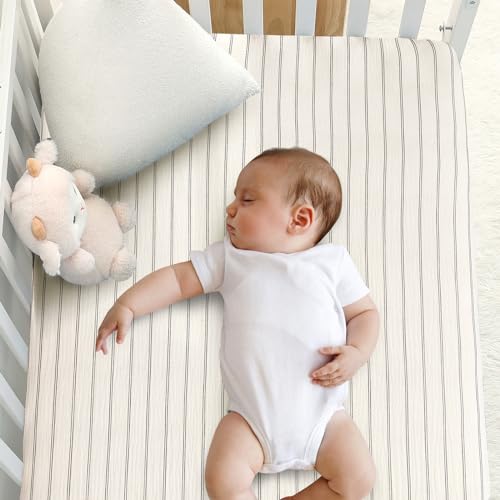 Image of COTTONBEBE Muslin Crib Sheets,100% Organic Cotton Toddler Bed Sheet Soft Breathable, Fitted 52”x 28”x 9”Baby Cribs Mattress for Girl & Boy, Stripe