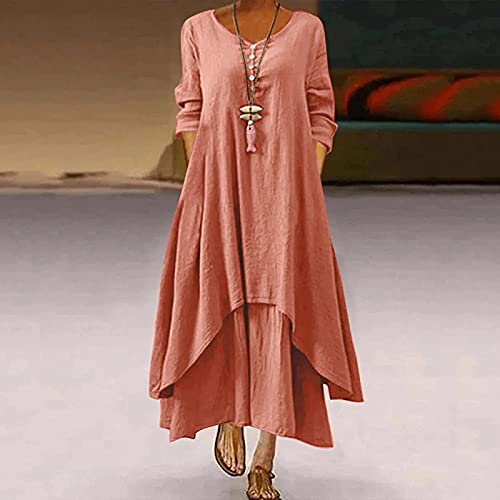 Women Cotton Linen Shirt Dress Casual Loose Maxi Dresses Button Crew Neck Henley Dresses Oversized Maxi Tunic Dress #TOP1