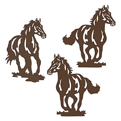Image of WAIU Metal Horse wall Art décor, Rustic Concise Western Horse Decoration Hanging for living room bedroom bathroom indoor outdoor, Wall Decor, set of 3 Brown