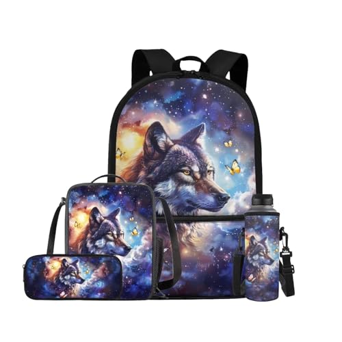 ELEDIZI Galaxy Wolf Backpack for Girls Kids Backpack with Lunch Box Water Bottle Carrier with Strap and Soft Pencil Case 4PCS Set Bookbag with Front Pocket for School 17 inch Large Capacity School Bag
