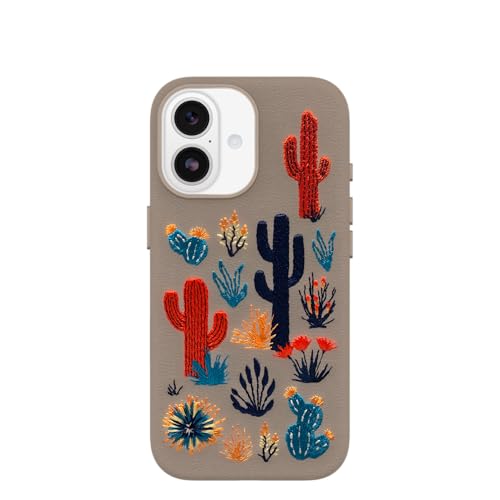 Image of OtterBox iPhone 17 Symmetry Series Cactus Leather Embroidery Case - Cactus Garden - Grey - Textured, Embroidered Cactus Garden Artistic iPhone Case