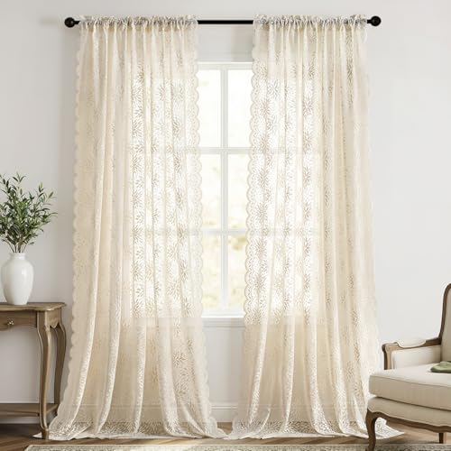 Image of MIULEE Vintage Lace Curtains 96 Inches Long 2 Panels, Victorian Decorative Floral Scalloped Semi Sheer Curtains Light Filtering Rod Pocket Panels Decor for Bedroom Living Room, 52 inch W x 96 inch L, Cream