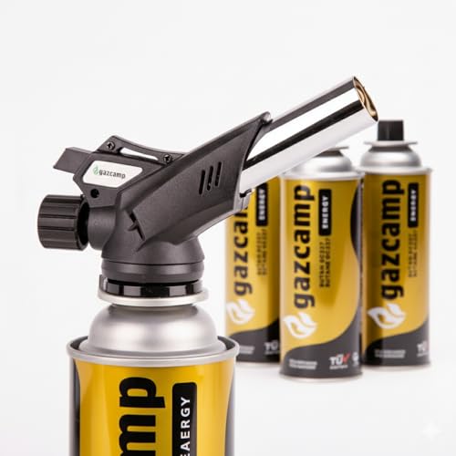 Gazcamp Lötbrenner 220 RS, Präzisions-Gasbrenner mit Piezo-Zündung, 650°C Arbeitstemperatur, für MSF-1A Kartuschen (mit Auswahl Anzahl der Kartuschen) (Lötbrenner + 4 Kartuschen)