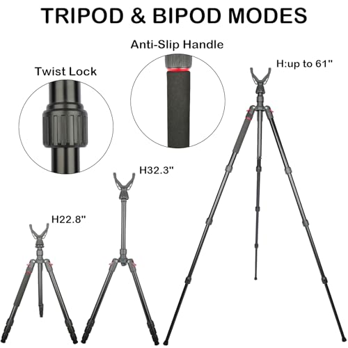 Image of Adjustable Shooting Tripod for Rifles,Shooting Stick 3-in-1 Convertible Tripod /Monopod /Bipod, 22.8″-61″ Height, Lightweight Aluminum Alloy with Carrying Bag, Stable Rifle Rest for Hunting Outdoor