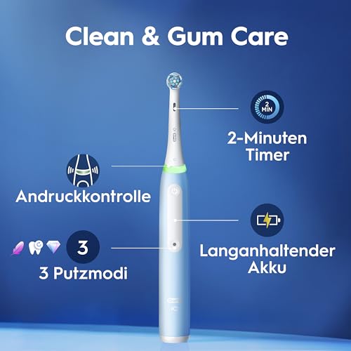 Oral-B iO Series 3 Plus Edition Elektrische Zahnbürste — Electric Toothbrush, Inkl. 3 Aufsteckbürsten, 3 Putzmodi für Zahnpflege — Designed by Braun, GUT GETESTET von STIFTUNG WARENTEST, Hellblau 5