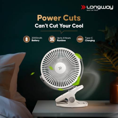 Image of LONGWAY Clipzy Portable Rechargeable Clip Fan with 360 Rotation | 3 Speed Control | BLDC Motor | Type-C Charging | Silent Operation Table Fan for Home, Office & Travel | 1 Year Warranty (White)