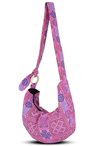 Image of Hobo Crossbody Bag for Women - Handmade Cotton Boho Purse with Wooden Ring | Lightweight Slouchy Shoulder Sling Tote Bag