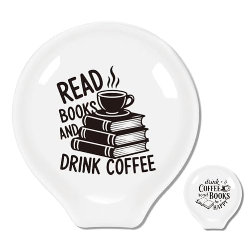 ANATTASOUL Short Phrases with Books 2Pcs Ceramic Spoon Rest for Coffee Bar