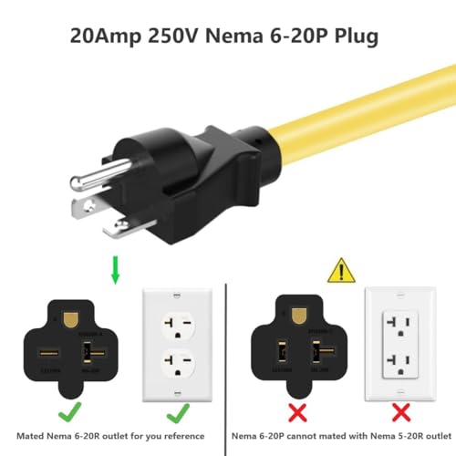 15-Ft Nema 6-20P Extension Cord 20-Amp 250 Volt Nema 6-20 Extension Cable 12AWG, (4 In1) 6-15R, 6-20R, 5-15R, 5-20R Female T Blade 20AMP Heavy Duty Plug Adapter Cable, 250V 20A AC Power Cord - Thumbnail 3